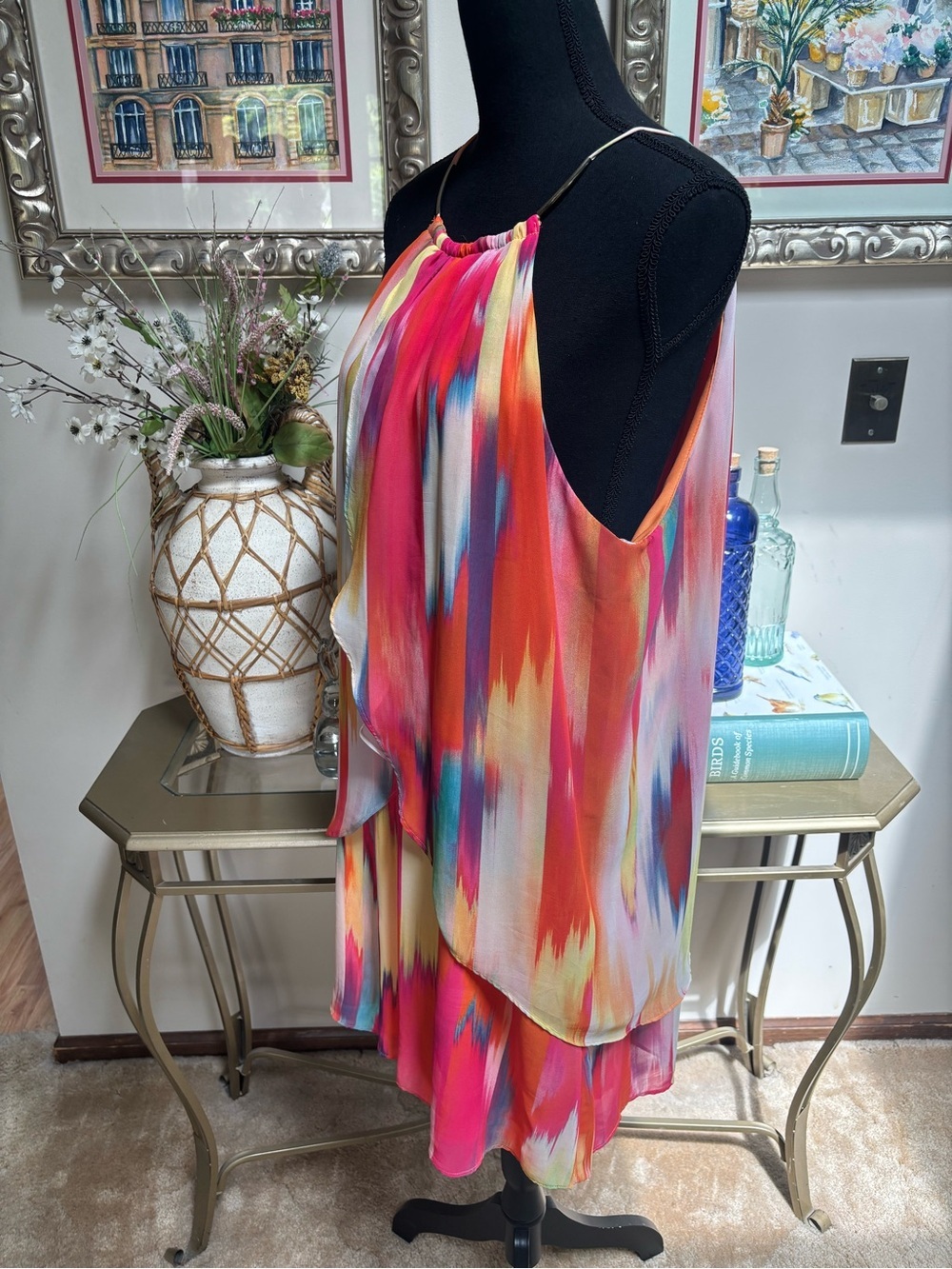 BISOU BISOU Vibrant Multi-Color Halter Layered Mini Dress Sheer Chiffon Size 14 - Picture 9 of 9